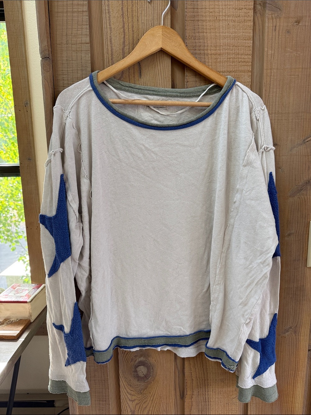 We The Free Beige Star Sleeve Pullover with Blue Accents
